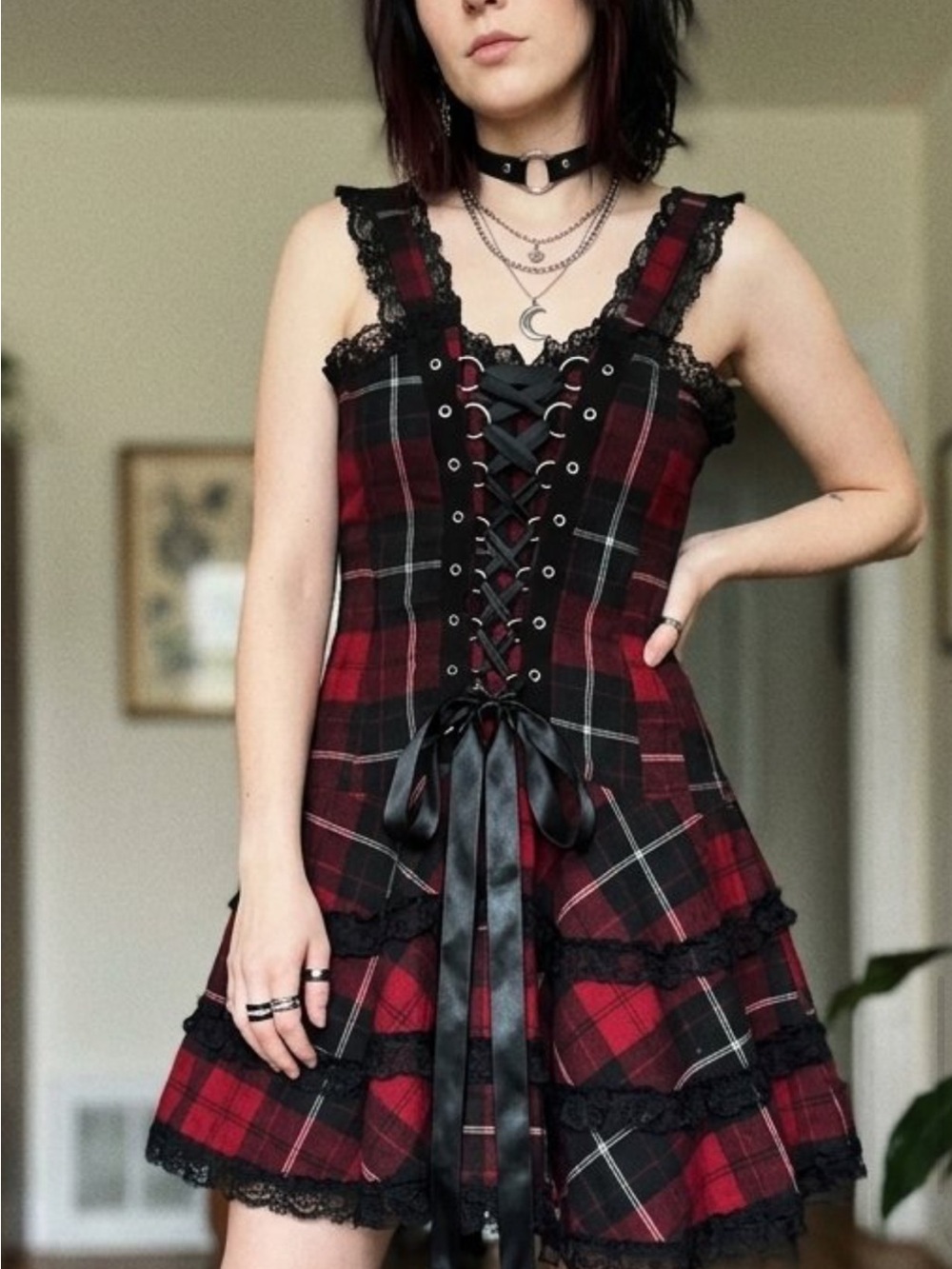 Hell bunny Lace-Trim Plaid Chemise Dress Burgundy/Black